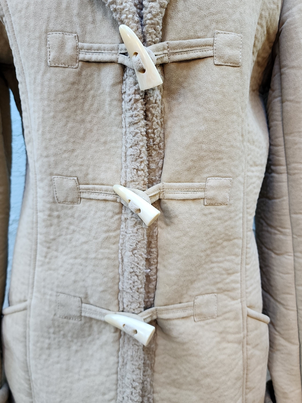 Vintage DKNY Faux Suede Shearling Toggle Duffle Coat Jacket Beige [M] - Picture 3 of 12